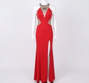 NEW RACHEL ALLAN high mesh neck jersey prom gown with high slit in red